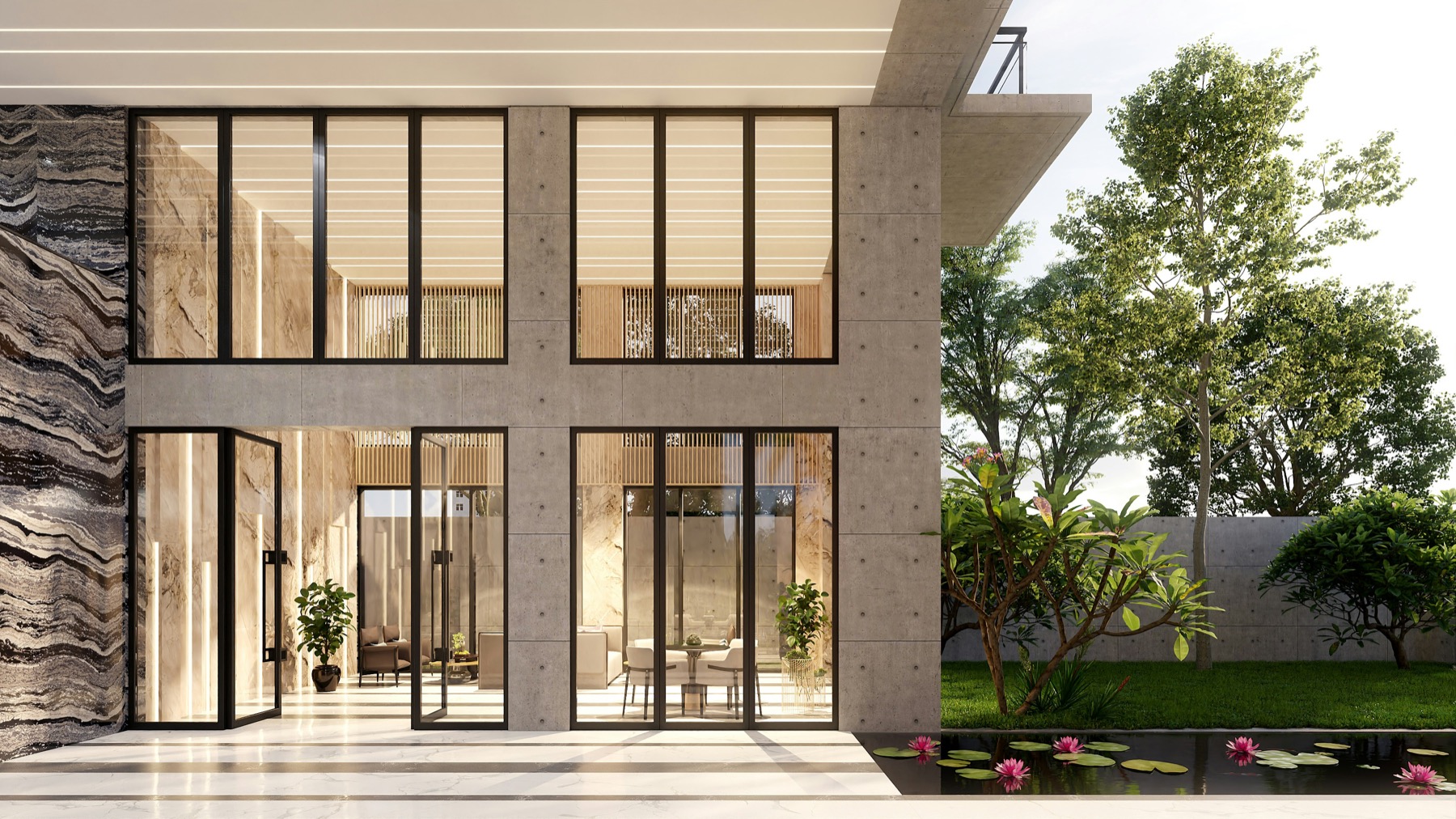 Maison contemporaine avec grandes baies vitrées et jardin